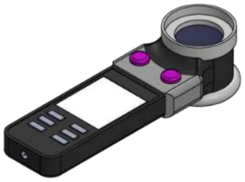 3D render of the Early Oral Cancer Detection Device — a handheld screening scope with optical head, display and keypad